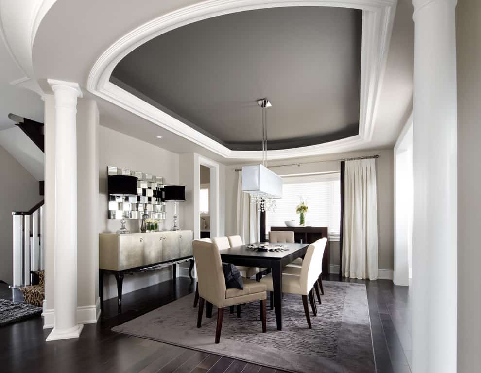 credenza buffet Dining Room Transitional with architectural detail area rug columns crown molding