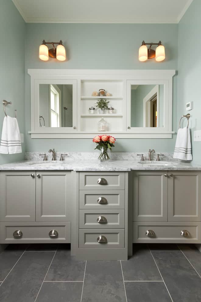 mirrored medicine cabinet Bathroom Traditional with 12x24 tile double sink vanity gray floor