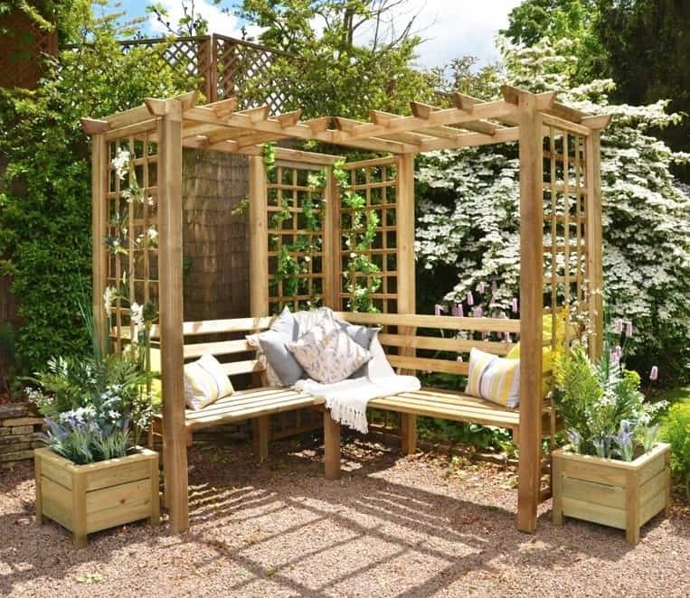 corner garden bench arbor with pergola roof