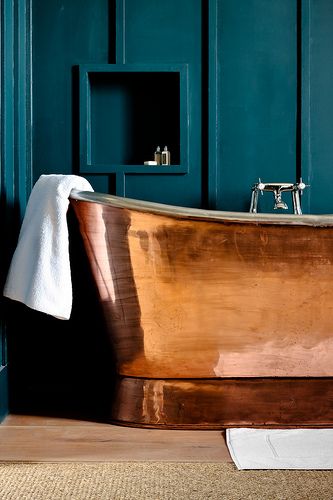 teal and copper bathroom