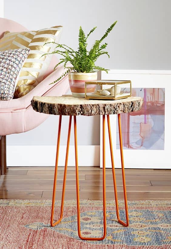orange hairpin sidetable with tree trunk top