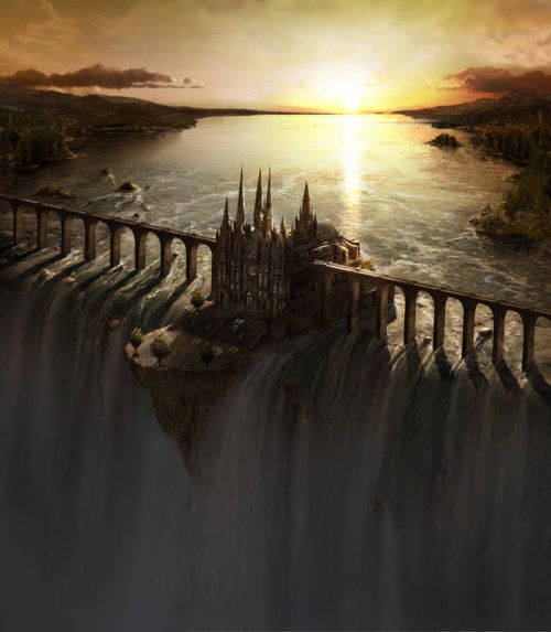 waterfall castle art in a fantasy realm