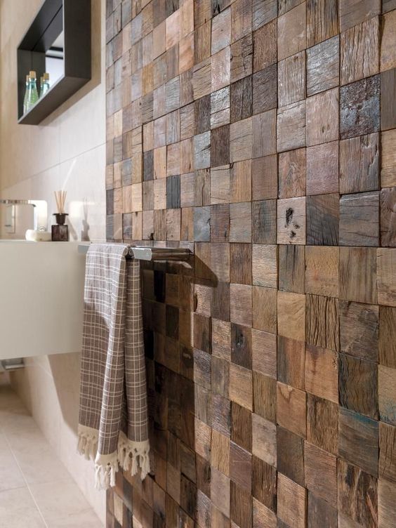 45. Rectangular Wooden Patchwork Bathroom Wall