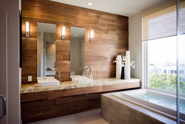 51. Wood and Marble Bathroom