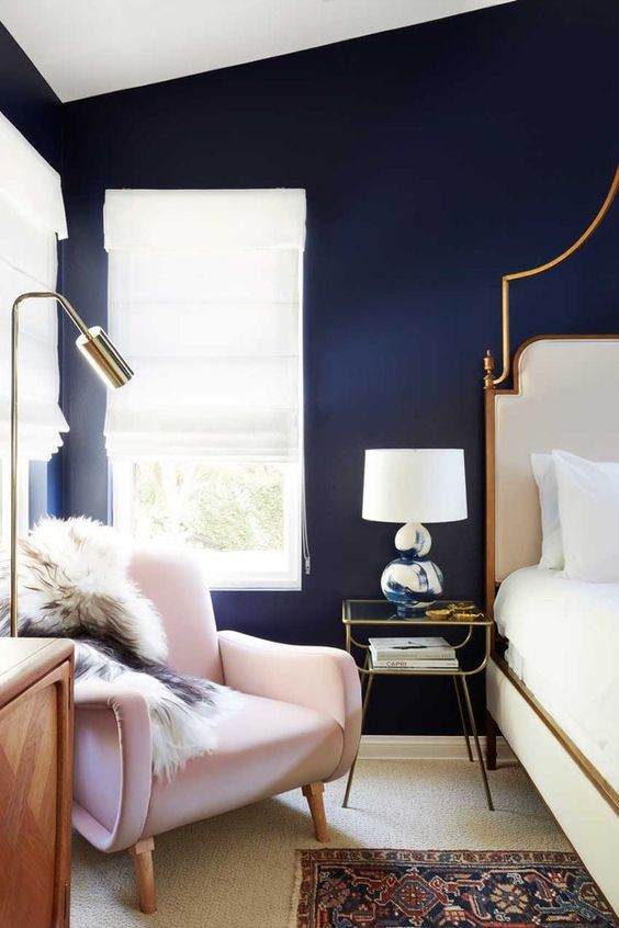 13. Sumptuous Navy Blue Bedroom With Golden Accents