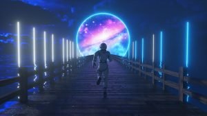 Astranaut runs along the endless wooden bridge across the ocean to his dream. Space circle with neon lighting ahead. 3d illustration. CGI Or 3D Computer Graphics