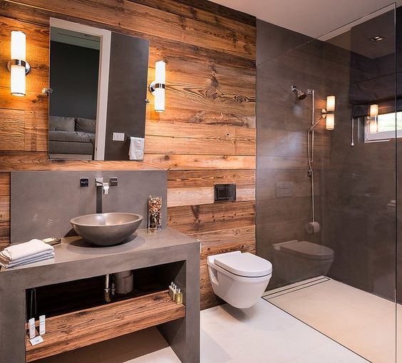 66. Wooden Wall and Concrete Gray Bathroom