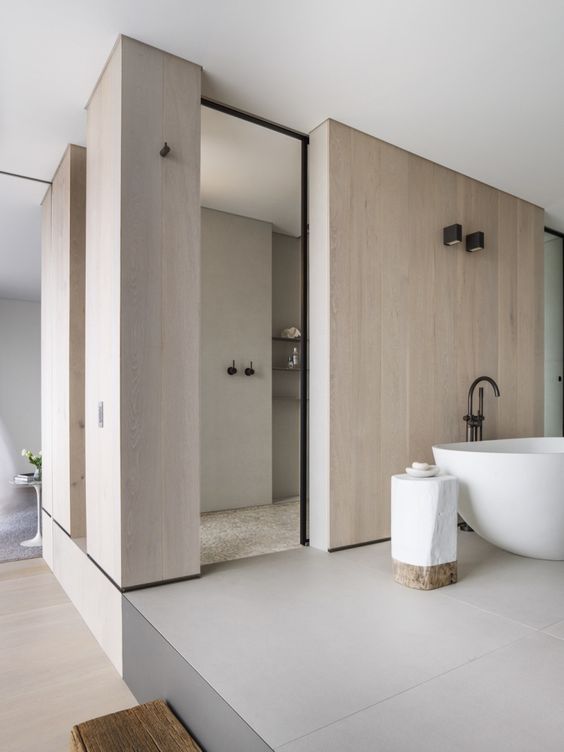 65. White Wood Discreetly Enhances Neutral Bathroom