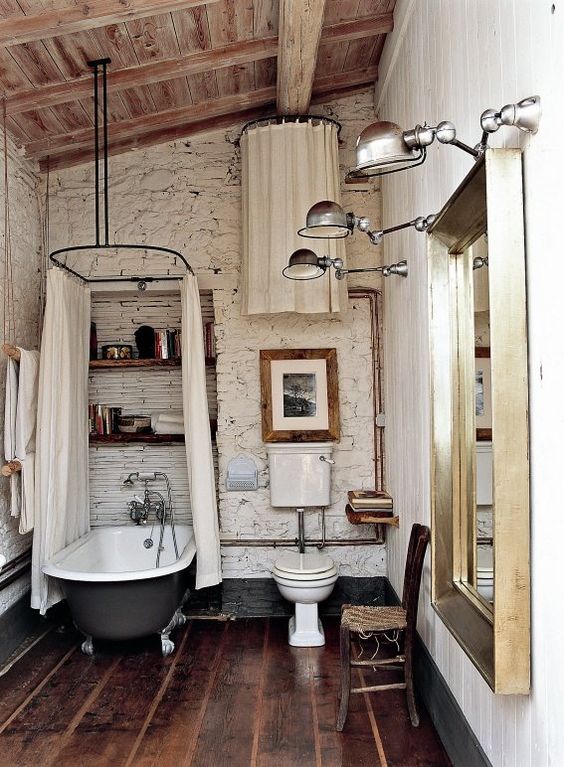 8. White Brick, Wooden Ceiling and Wooden Floored Bathroom