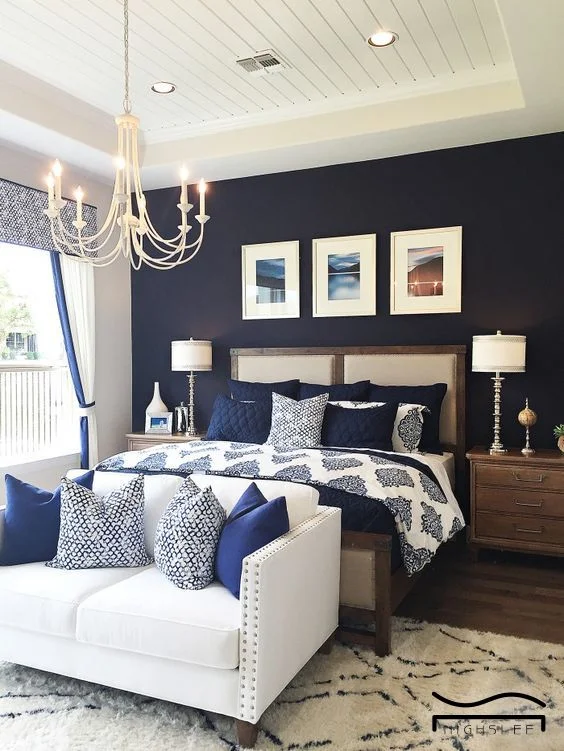 14. Navy Bedroom With White Wooden Ceilings 