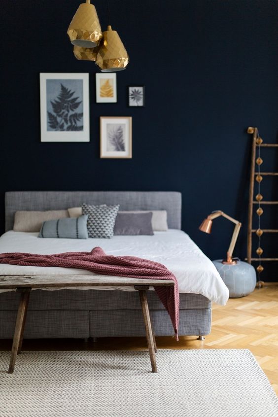 Navy Dark Blue  Bedroom With Golden and Copper Accents