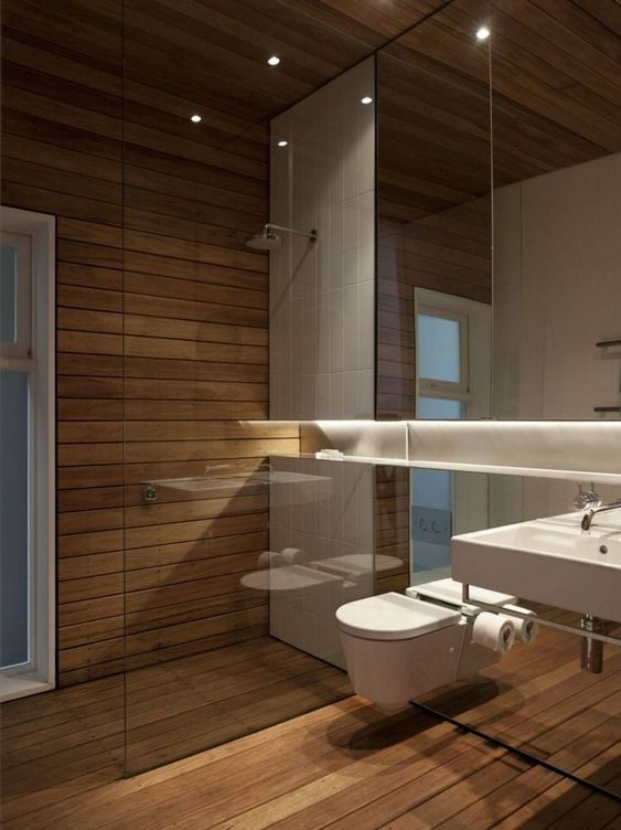 62. All Wooden Bathroom With White Wall
