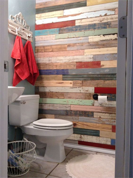 49. Colorful Salvaged Wood Bathroom Wall