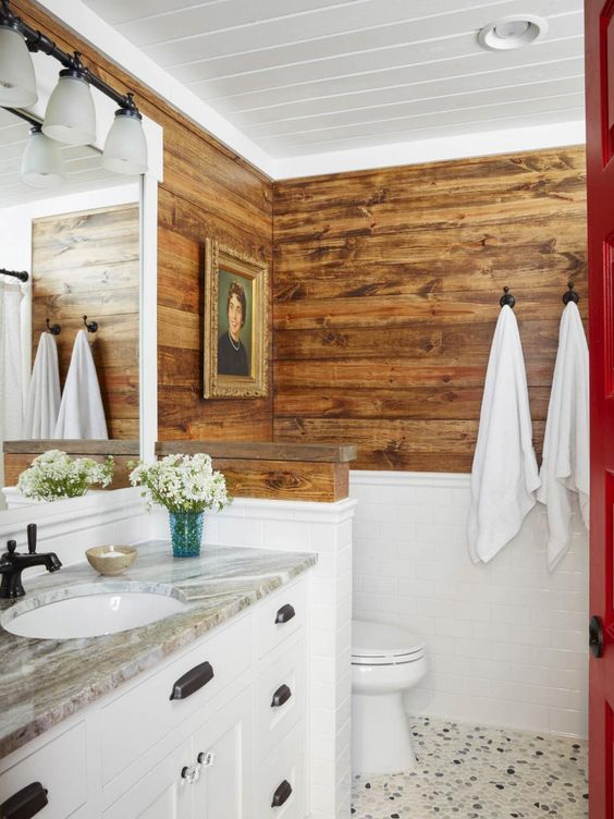 44. Bathroom With White Bottom Half, Wood Top Half