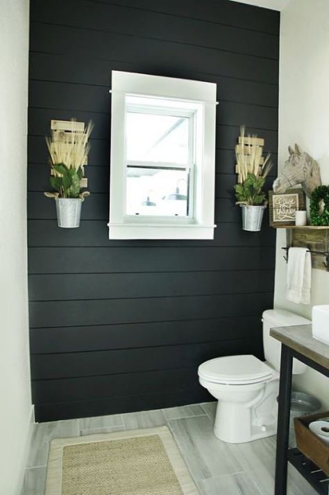 52. Black Wooden Accent Wall Dominates Bathroom
