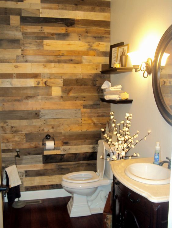 58. Salvaged Wood Accent Bathroom Wall