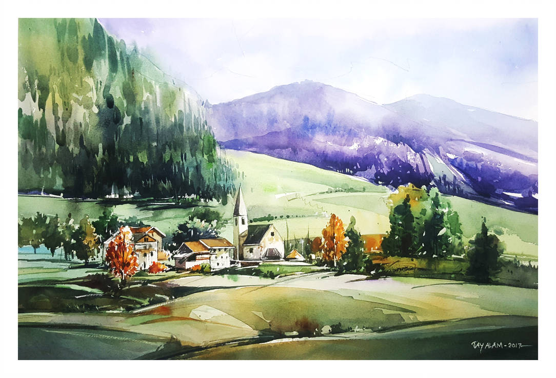 hillside landscape watercolour by abstractmusiq davk6ry pre