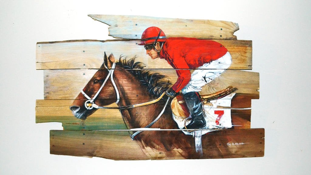 watercolor horse race on pallet wood by abstractmusiq dbkqnmy fullview