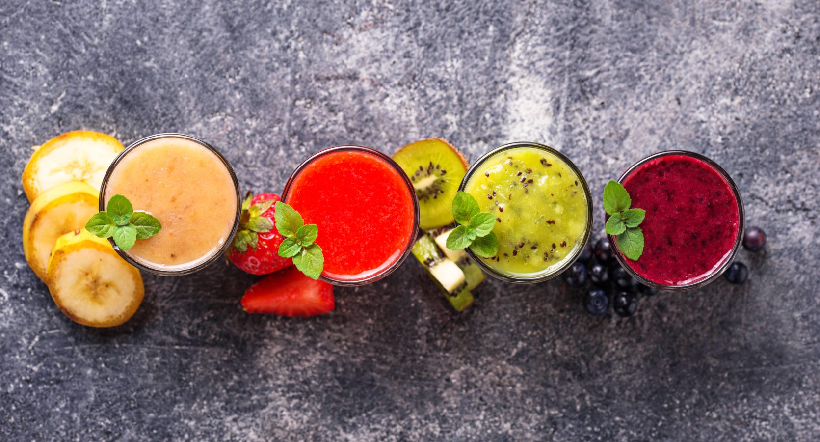 Assortment of various healthy smoothies. Top view