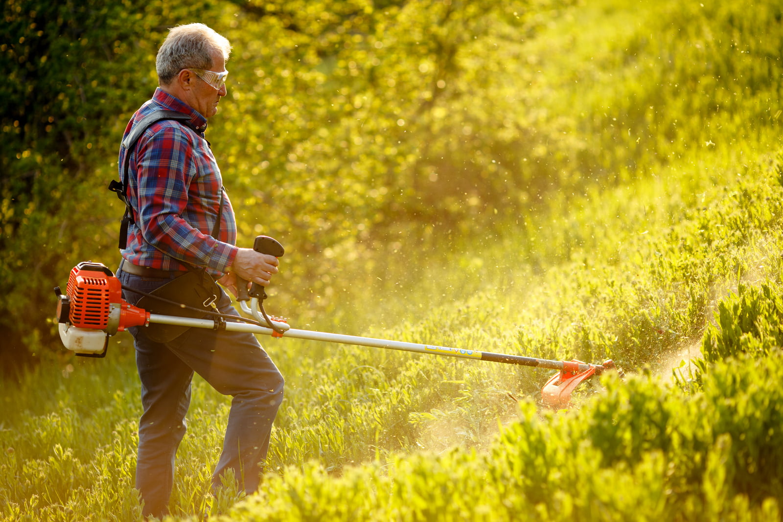 mowing trimmer - worker cutting grass in green yard at sunset. Best Trimmer Lines.