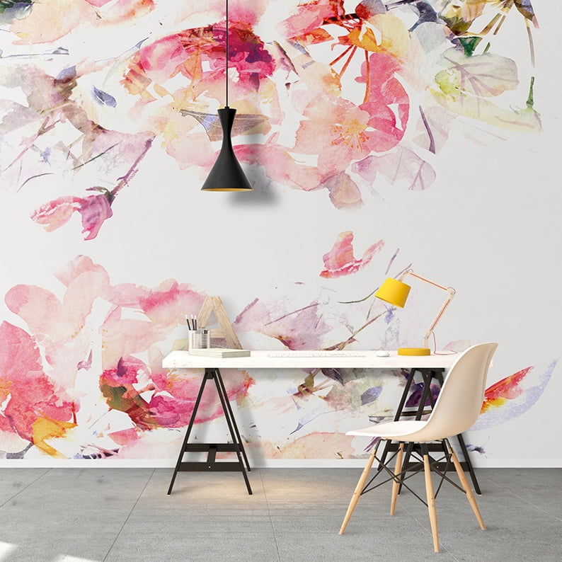 Self-Adhesive Wallpaper Floral Watercolor - Mural - Adhesive Wallpaper - Removable Wallpaper - Wall Sticker - Colorful Flower - Customizable Wallpaper