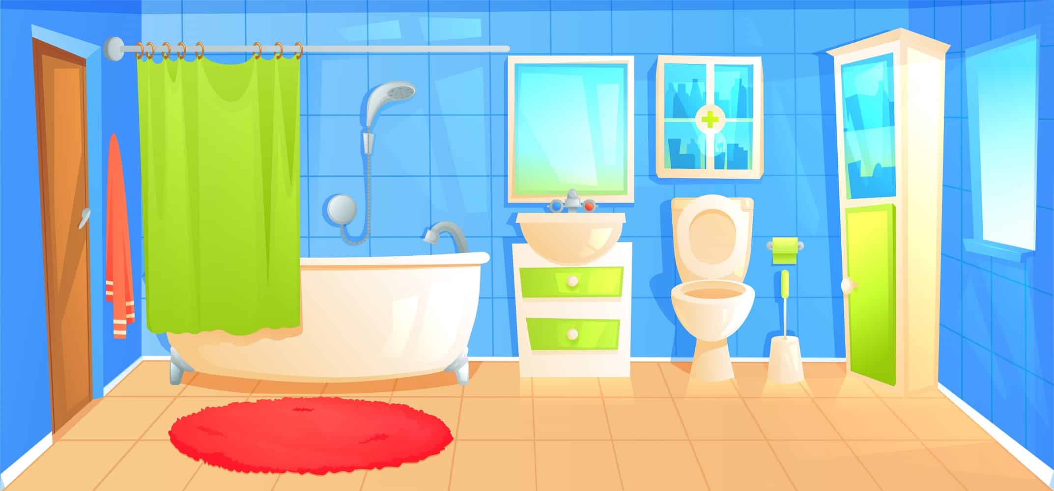 Bathroom design interior room with ceramic furniture background template. Vector cartoon illustration