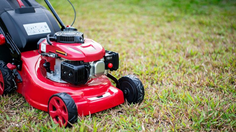 close up lawn mower in the park on the grass. over light [blur and select focus background