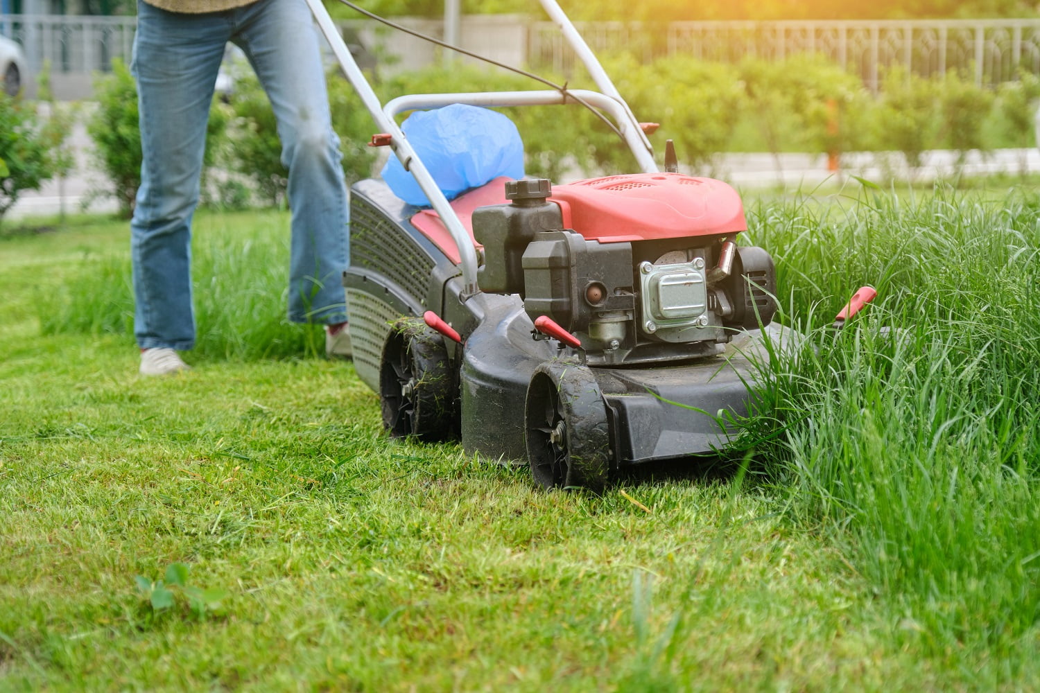 Gardener woman legs mowing grass with lawnmower, city courtyard of an apartment building.