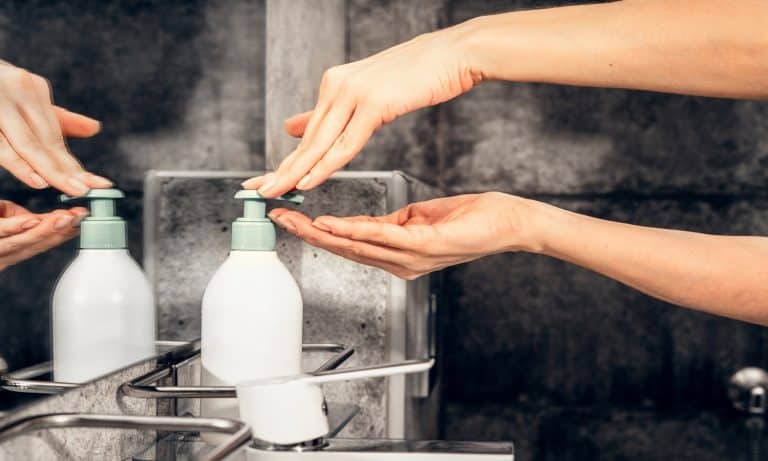 Coronavirus. Proper washing and handling of hands. Jar of liquid anti-bacterial soap. Self-isolation and hygiene