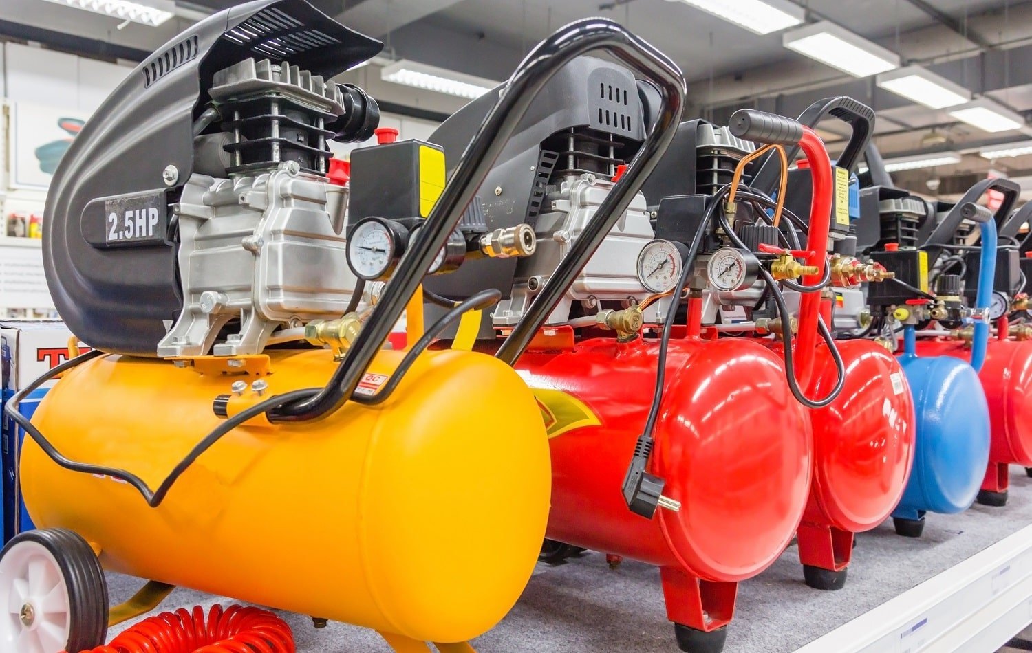 Many Air compressors pressure pumps closeup photo