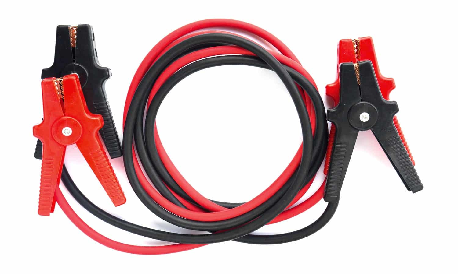 Car battery jumper cables over white background