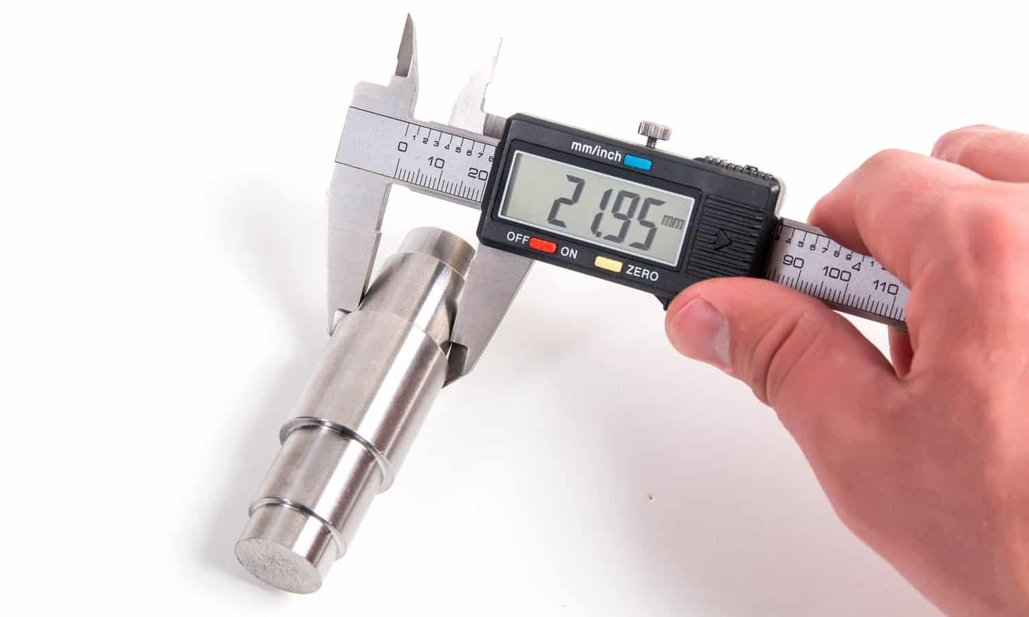 Precise measurement of metal part. Measuring with electronic digital caliper