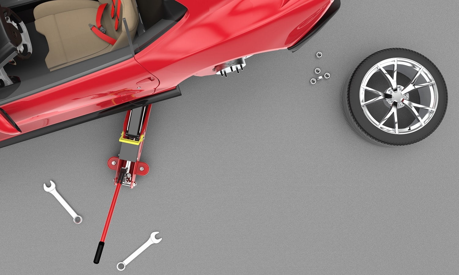 Top view of a car lifted with red hydraulic floor jack, 3D illustration