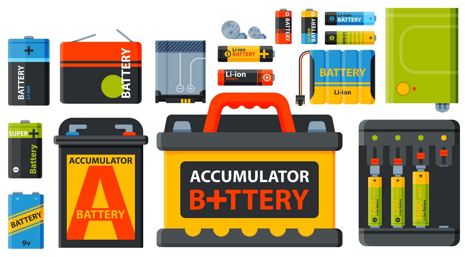 Battery electricity charge technology and alkaline battery. Flat battery accumulator charger symbol generation voltage. Group of different size color batteries electricity charge technology vector.