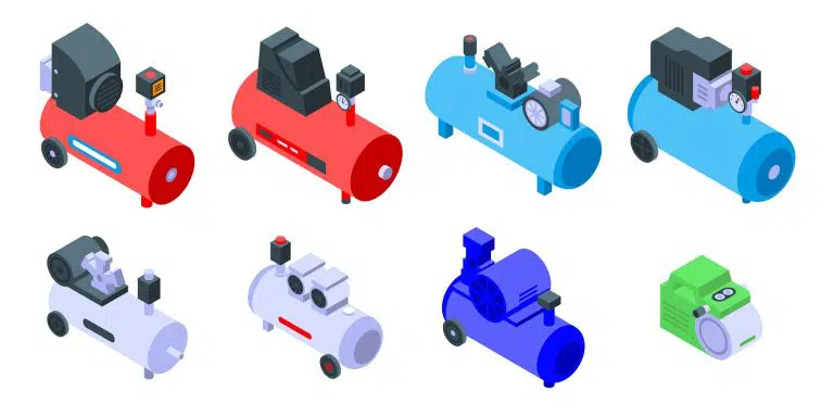 Air compressor icons set. Isometric set of air compressor vector icons for web design isolated on white background