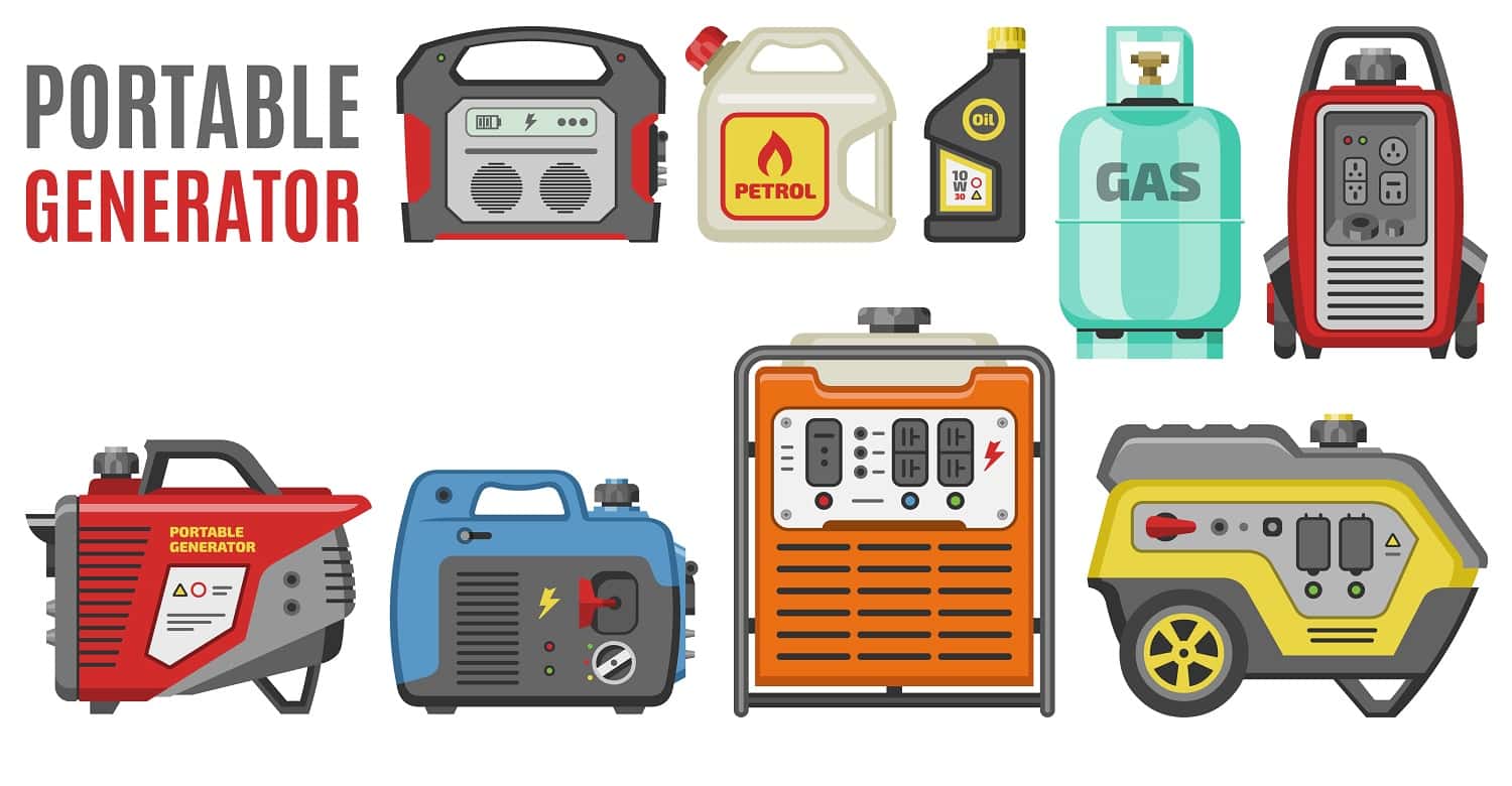 Generator vector power generating portable diesel fuel energy industrial electrical engine equipment illustration set of electric gas industry isolated on white background.