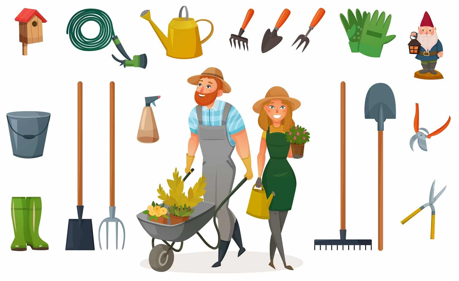 Gardening cartoon icon set with attributes and elements for work in garden vector illustration