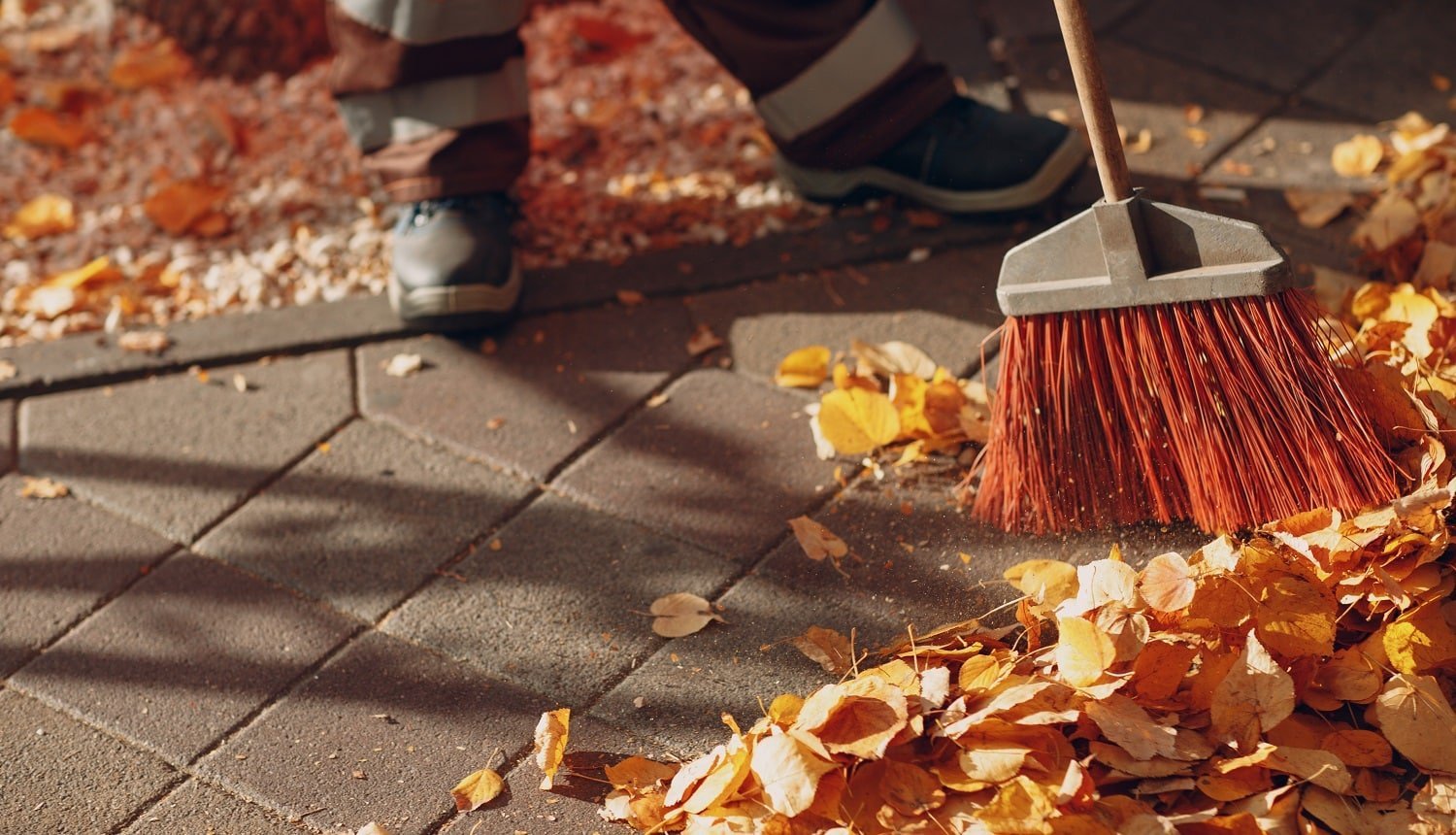 Janitor cleaner sweeping autumn leaves on the street