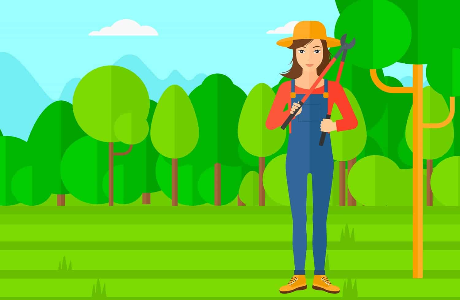 A woman holding a pruner on a background of garden with trees vector flat design illustration. Horizontal layout.