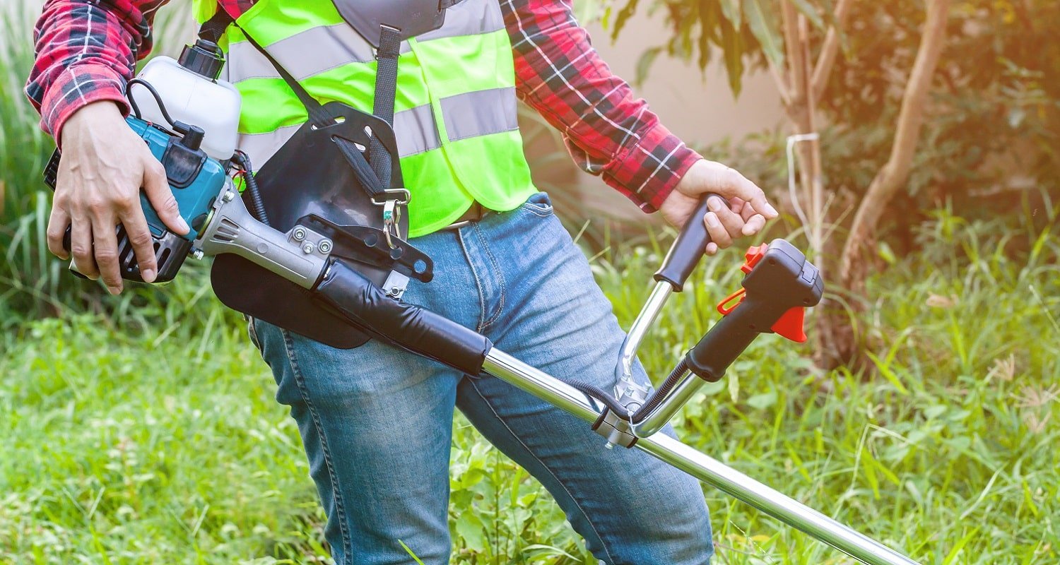 workman holding lawn mower machine cutting grass in garden on morning