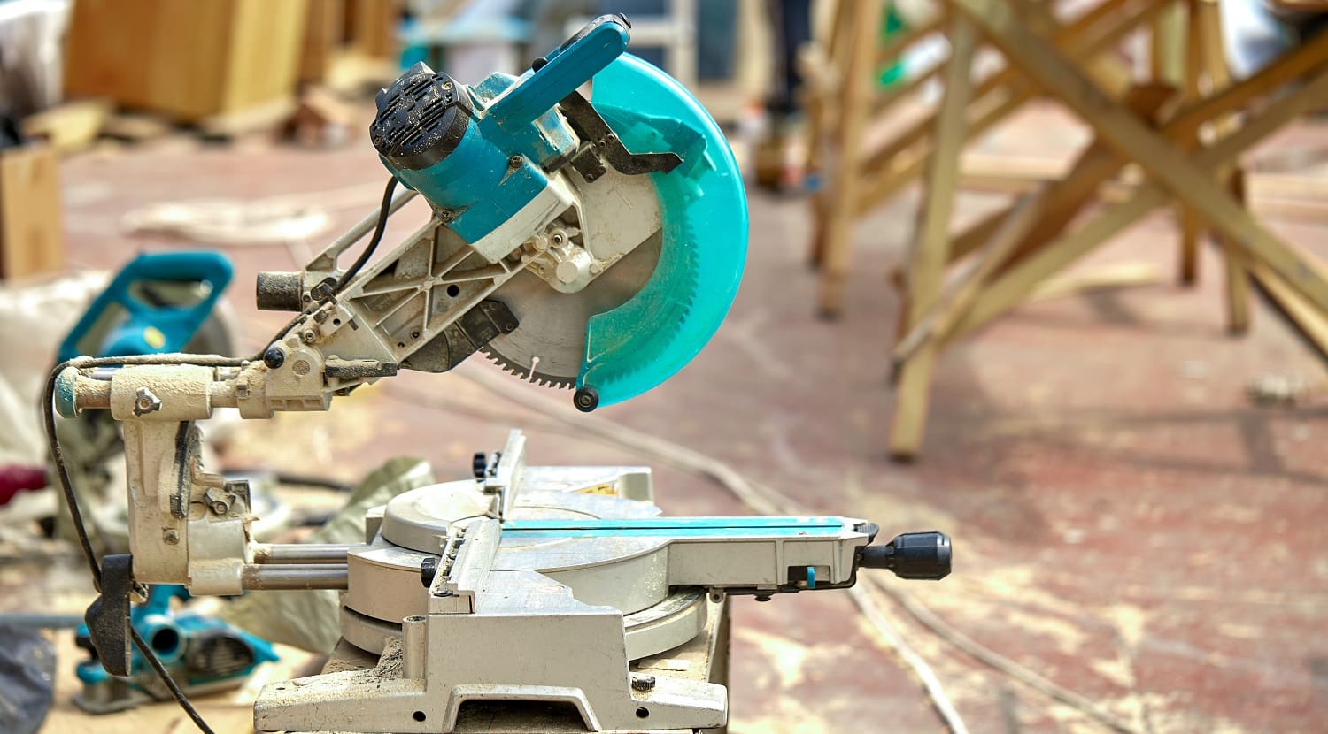 Close-up of a laser circular saw at a construction site. Products for home and garden and production. Building tool