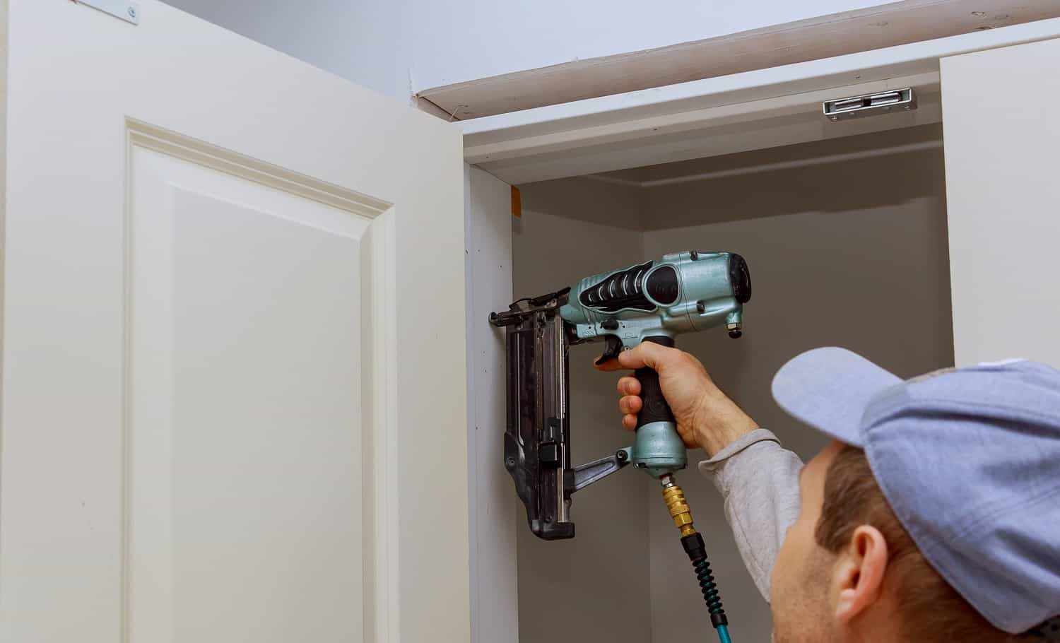 Installation of interior room doors using a air nail pneumatic gun