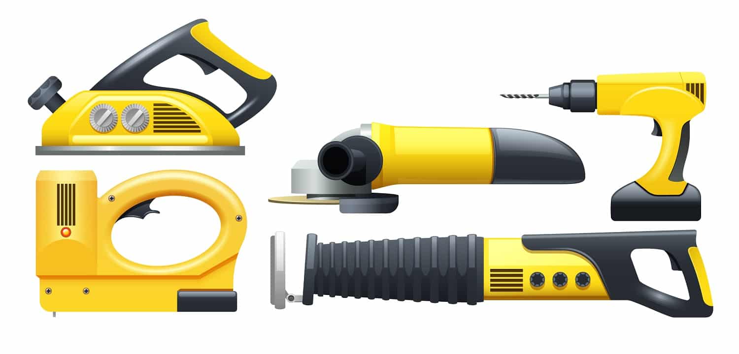 Electric power construction worker tools flat pictograms set in black and yellow abstract isolated vector illustration