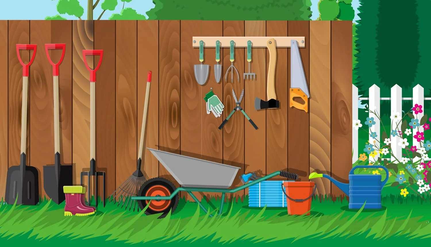 Gardening tools set. Equipment for garden. Saw bucket ax wheelbarrow hose rake can shovel secateurs gloves boots. Wooden fence, flower, grass, tree, sky, cloud. Vector illustration in flat style