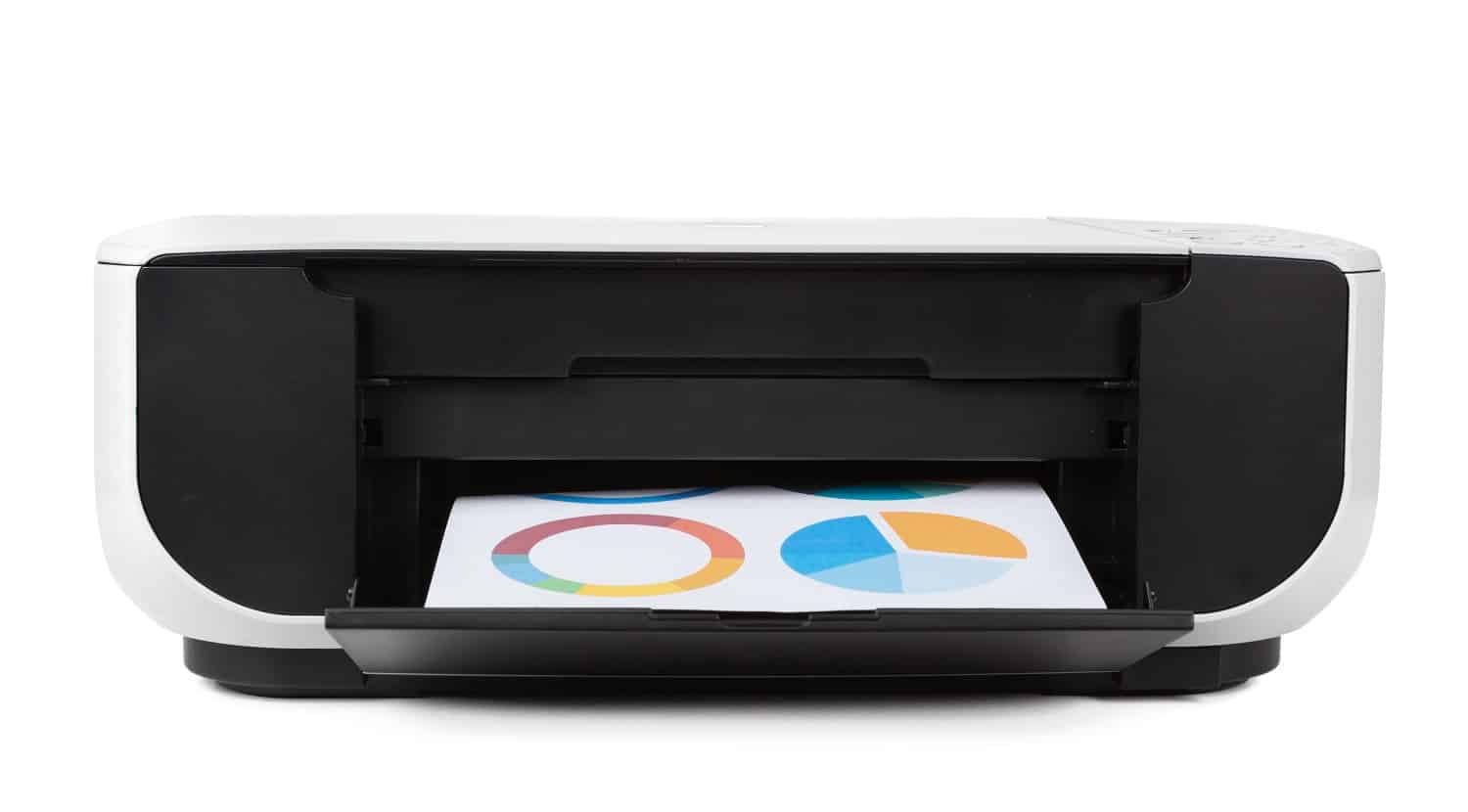 Black multi function printer isolated against a white background