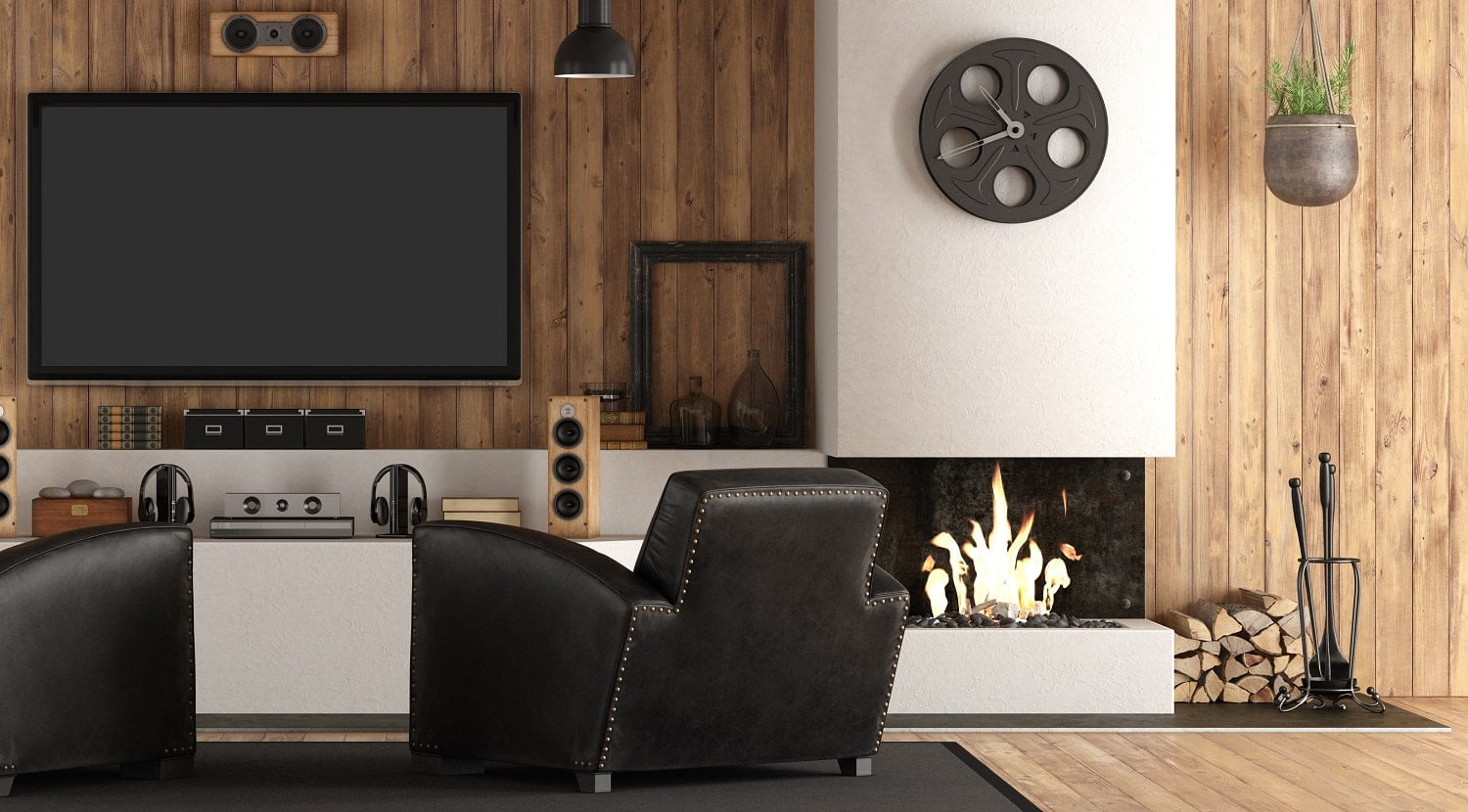 Home cinema in rustic stryle with black armchair, fireplace and wooden paneling - 3d rendering