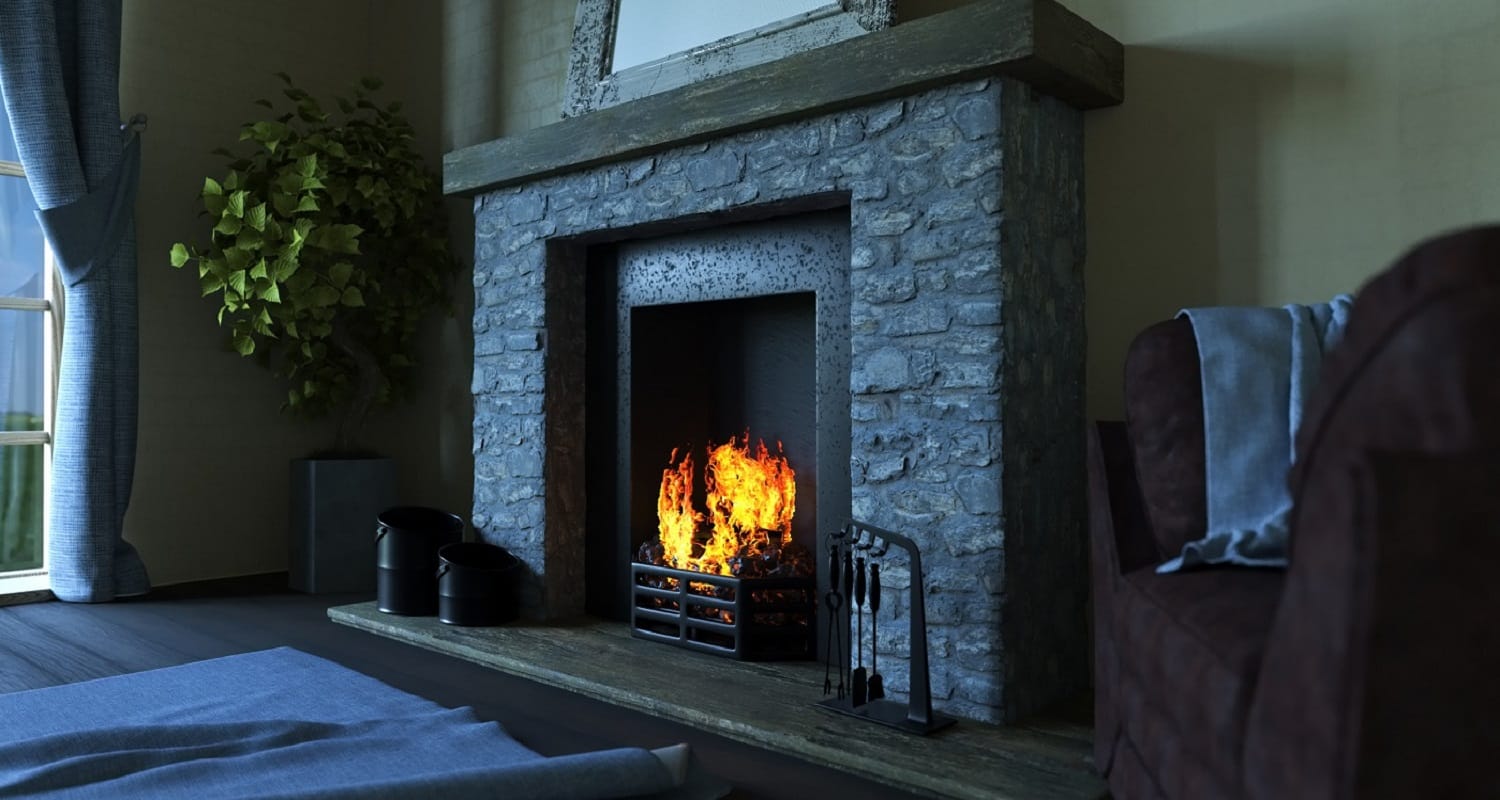 3D render of a lounge interior with roaring fire in fireplace
