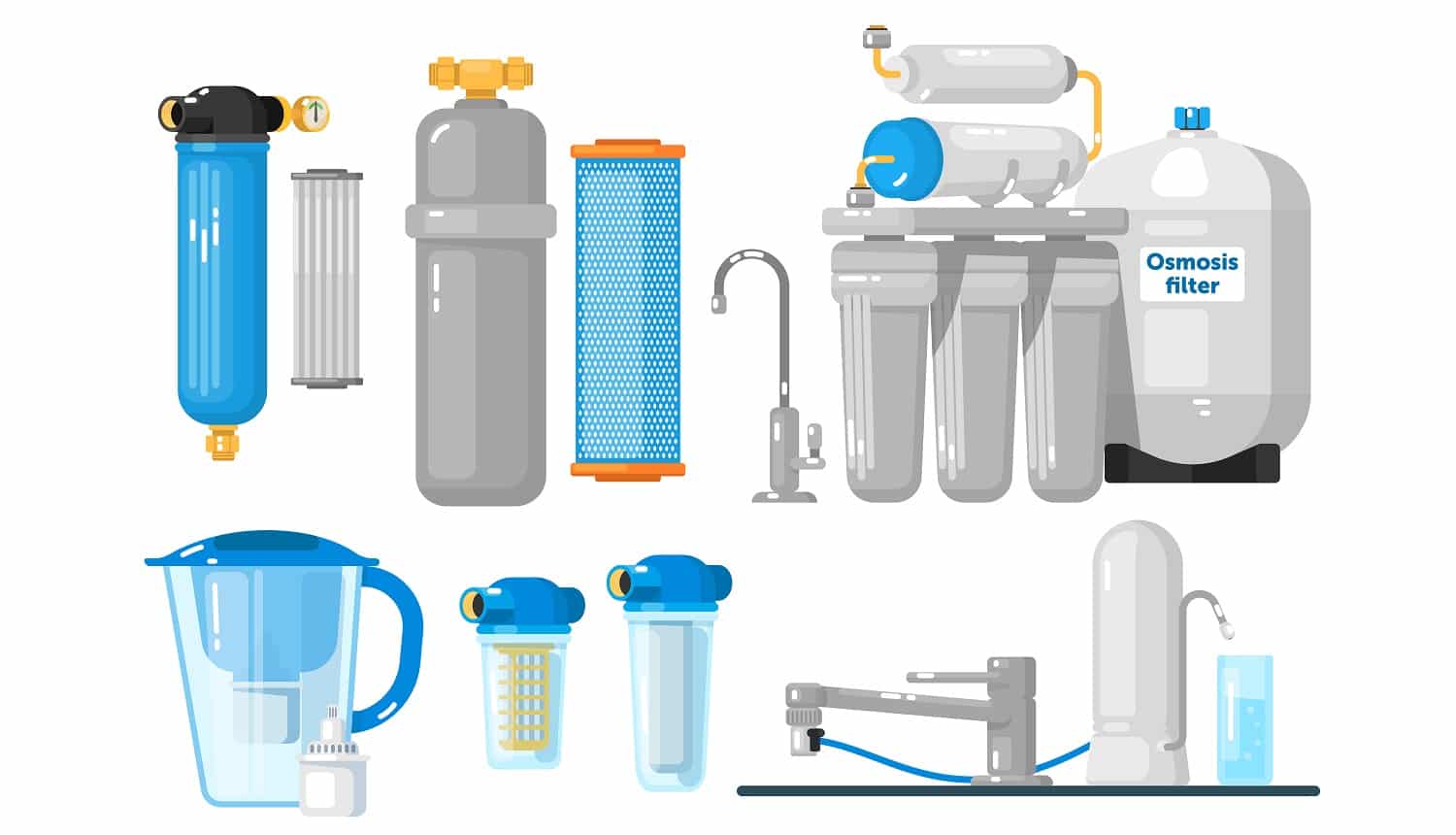 Water filters. Countertop, undersink, pitcher container, whole house, reverse osmosis water filters set. Natural fresh water purity. Mineral filtration or purification systems collection