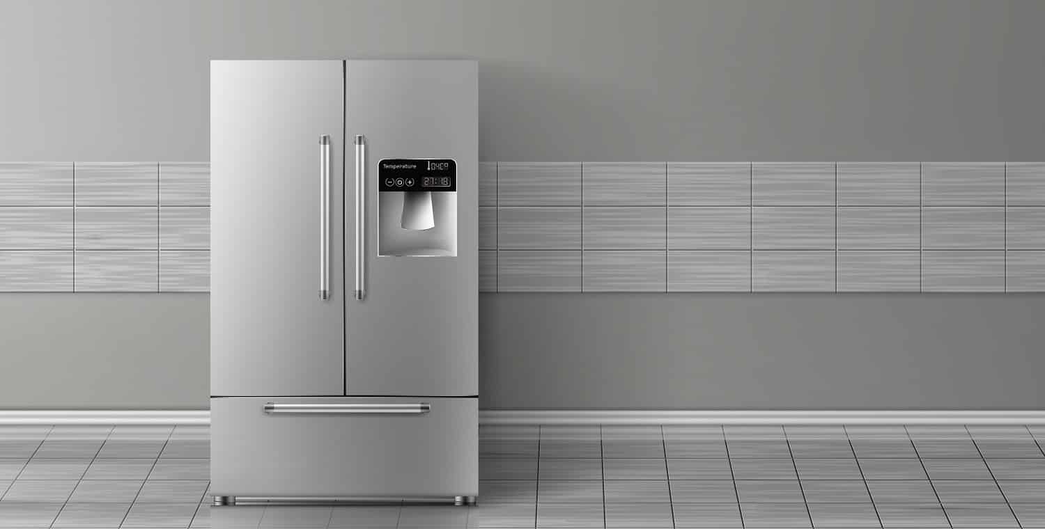 Vector 3d realistic mock up with gray two-chambered refrigerator isolated on tile wall. Modern smart appliance in kitchen, background for design. Decorative template with fridge.