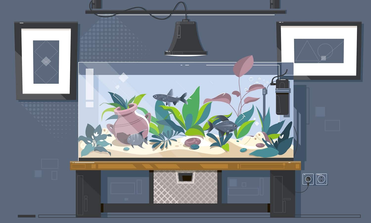 Cartoon freshwater fishes in tank aquarium vector illustration.